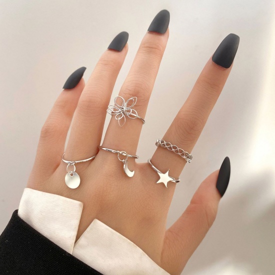 Picture of Simple Open Adjustable Rings Silver Tone Star Moon 15mm - 19mm Dia., 1 Set ( 4 PCs/Set)