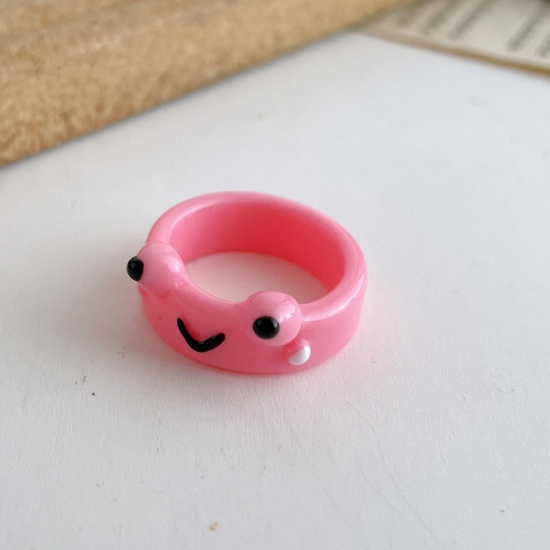 Picture of Resin Cute Unadjustable Rings Pink Frog Animal 17mm(US Size 6.5), 1 Piece