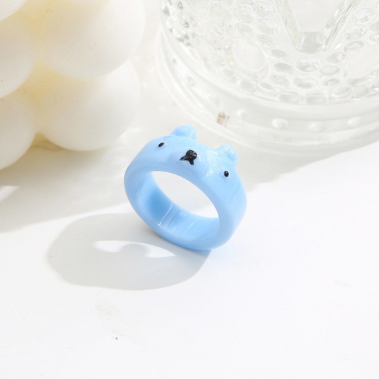 Picture of Resin Cute Unadjustable Rings Light Blue Bear Animal 17mm(US Size 6.5), 1 Piece