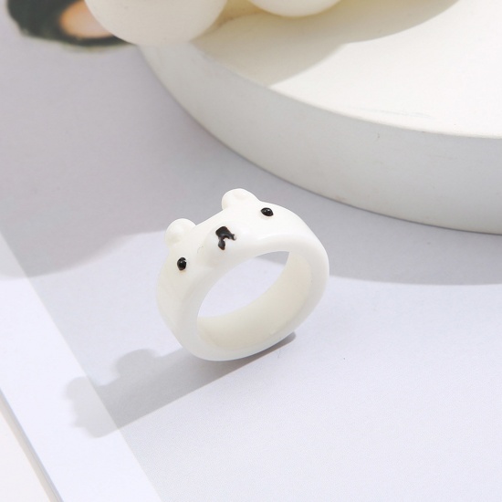Picture of Resin Cute Unadjustable Rings White Bear Animal 17mm(US Size 6.5), 1 Piece