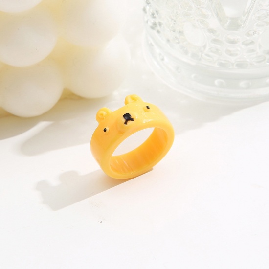 Picture of Resin Cute Unadjustable Rings Yellow Bear Animal 17mm(US Size 6.5), 1 Piece