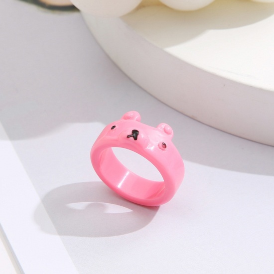 Picture of Resin Cute Unadjustable Rings Pink Bear Animal 17mm(US Size 6.5), 1 Piece