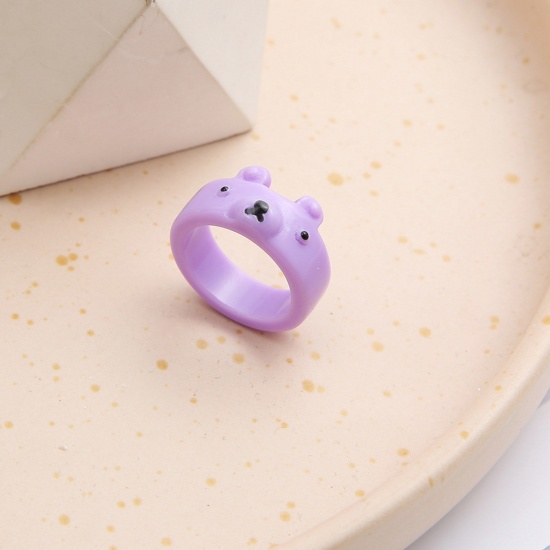 Picture of Resin Cute Unadjustable Rings Purple Bear Animal 17mm(US Size 6.5), 1 Piece