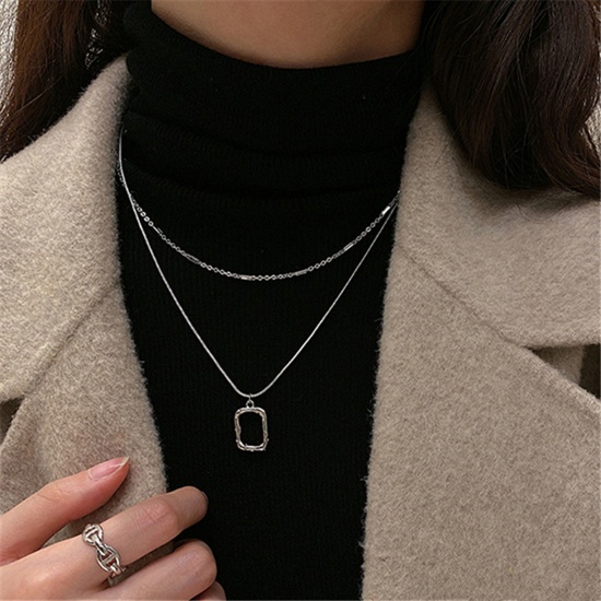 Picture of 304 Stainless Steel Ins Style Multilayer Layered Necklace Silver Tone Rectangle Hollow 42cm - 51cm long, 1 Piece
