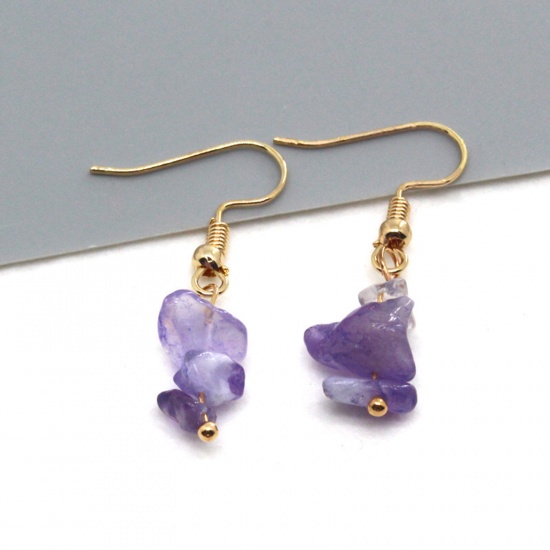 Picture of Stone Boho Chic Bohemia Ear Wire Hook Earrings Gold Plated Purple Chip Beads Imitation Gemstones 2cm x 0.5cm, 1 Pair