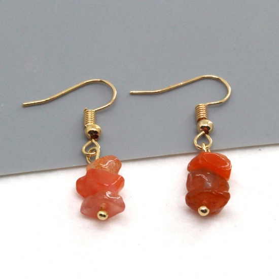 Picture of Stone Boho Chic Bohemia Ear Wire Hook Earrings Gold Plated Orange Chip Beads Imitation Gemstones 2cm x 0.5cm, 1 Pair