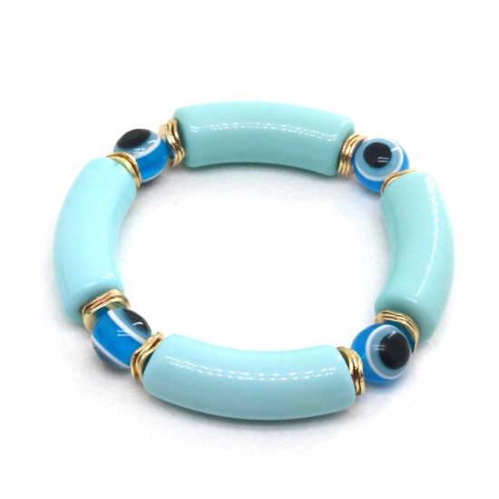 Immagine di Resina Religione Bracciali Delicato bracciali delicate braccialetto in rilievo Blu Tubo Curvo Malocchio Elastico 7cm Dia, 1 Pz