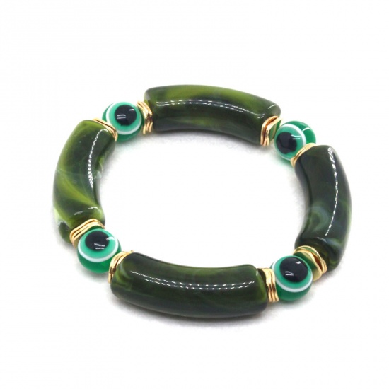 Immagine di Resina Religione Bracciali Delicato bracciali delicate braccialetto in rilievo Verde Scuro Tubo Curvo Malocchio Elastico 7cm Dia, 1 Pz
