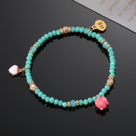Image de Bracelets Raffinés Bracelets Délicats Bracelet de Perles Style Bohème en Verre au Chalumeau Vert Rose Cœur Elastique 16cm long, 1 Pièce