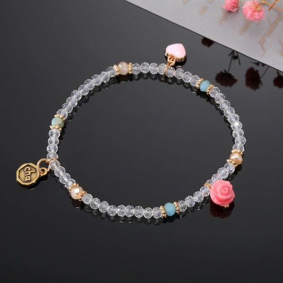Image de Bracelets Raffinés Bracelets Délicats Bracelet de Perles Style Bohème en Verre au Chalumeau Transparent Rose Cœur Elastique 16cm long, 1 Pièce