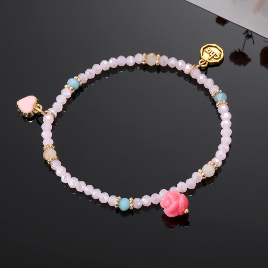 Image de Bracelets Raffinés Bracelets Délicats Bracelet de Perles Style Bohème en Verre au Chalumeau Rose Rose Cœur Elastique 16cm long, 1 Pièce