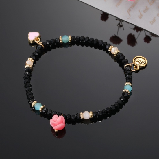 Image de Bracelets Raffinés Bracelets Délicats Bracelet de Perles Style Bohème en Verre au Chalumeau Noir Rose Cœur Elastique 16cm long, 1 Pièce