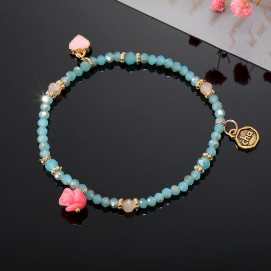 Image de Bracelets Raffinés Bracelets Délicats Bracelet de Perles Style Bohème en Verre au Chalumeau Bleu Rose Cœur Elastique 16cm long, 1 Pièce
