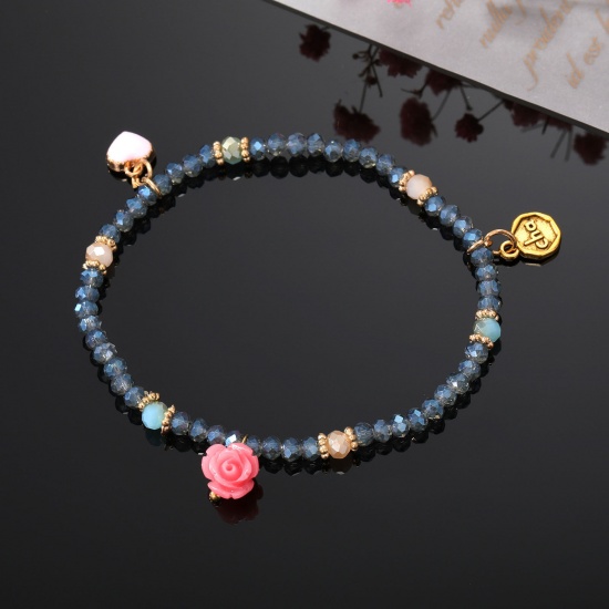 Immagine di Lampwork Vetro Stile Bohemien Bracciali Delicato bracciali delicate braccialetto in rilievo Blu Scuro Rosa Cuore Elastico 16cm Lunghezza, 1 Pz