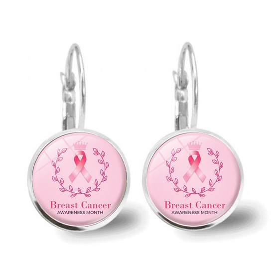 Picture of Breast Cancer Awareness Stylish Earrings Silver Tone Pink Round Ribbon Message " BREAST CANCER " 2.8cm x 1.5cm, 1 Pair