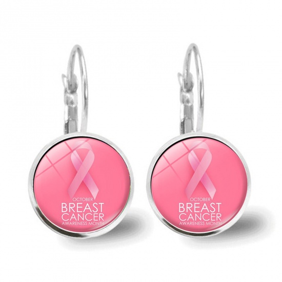 Picture of Breast Cancer Awareness Stylish Earrings Silver Tone Pink Round Ribbon 2.8cm x 1.5cm, 1 Pair