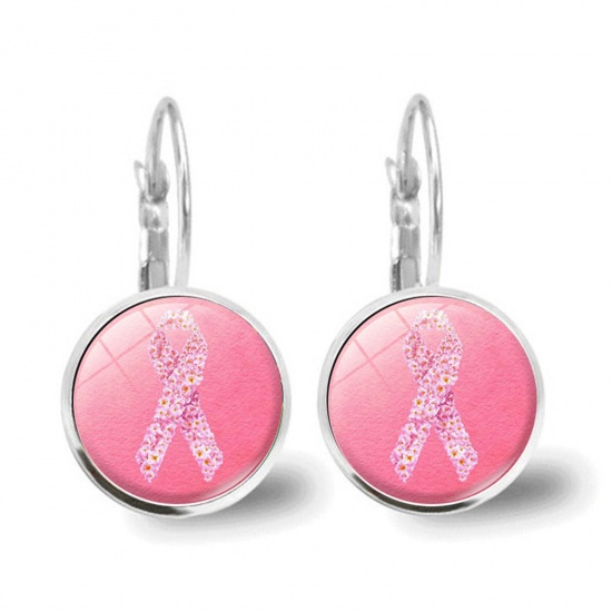 Picture of Breast Cancer Awareness Stylish Earrings Silver Tone Pink Round Ribbon 2.8cm x 1.5cm, 1 Pair