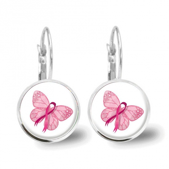 Picture of Breast Cancer Awareness Stylish Earrings Silver Tone Pink Butterfly Animal Ribbon 2.8cm x 1.5cm, 1 Pair