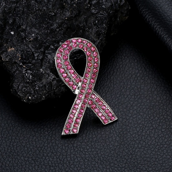 Picture of Breast Cancer Awareness Stylish Pin Brooches Ribbon Silver Tone Pink Rhinestone 5.2cm x 2.5cm, 1 Piece