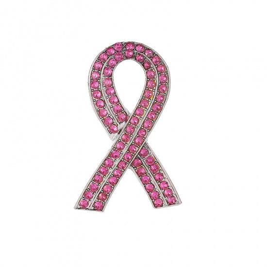 Picture of Breast Cancer Awareness Stylish Pin Brooches Ribbon Silver Tone Pink Rhinestone 5.2cm x 2.5cm, 1 Piece