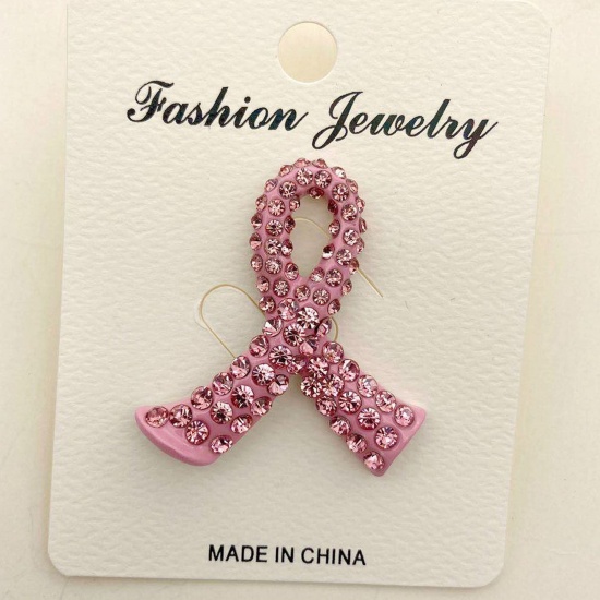 Picture of Breast Cancer Awareness Stylish Pin Brooches Ribbon Silver Tone Pink Rhinestone 4cm x 3.7cm, 1 Piece