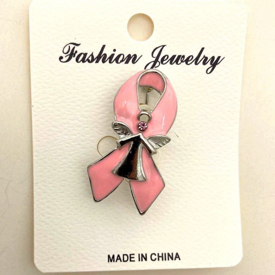 Picture of Stylish Pin Brooches Ribbon Silver Tone Pink Rhinestone 4cm x 2cm, 1 Piece