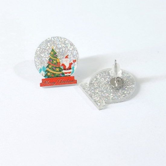 Picture of Acrylic Christmas Ear Post Stud Earrings Silver Tone Multicolor Christmas Tree Christmas Santa Claus 22mm x 20mm, 1 Pair
