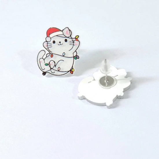 Picture of Acrylic Christmas Ear Post Stud Earrings Silver Tone Multicolor Cat Animal 2.1cm x 2cm, 1 Pair