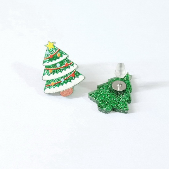 Picture of Acrylic Christmas Ear Post Stud Earrings Silver Tone Multicolor Christmas Tree 2.3cm x 1.8cm, 1 Pair