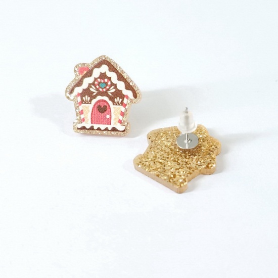 Picture of Acrylic Christmas Ear Post Stud Earrings Silver Tone Multicolor Christmas Village House 19mm x 19mm, 1 Pair