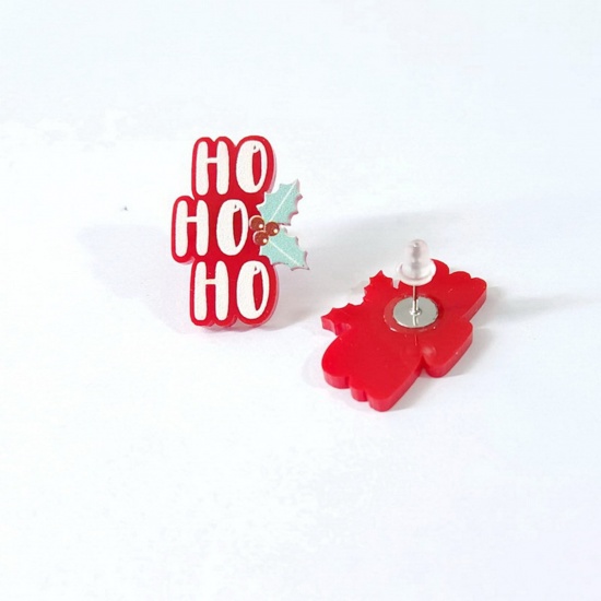 Picture of Acrylic Christmas Ear Post Stud Earrings Silver Tone Multicolor Cherry Fruit Message " HOHOHO " 2.6cm x 1.9cm, 1 Pair