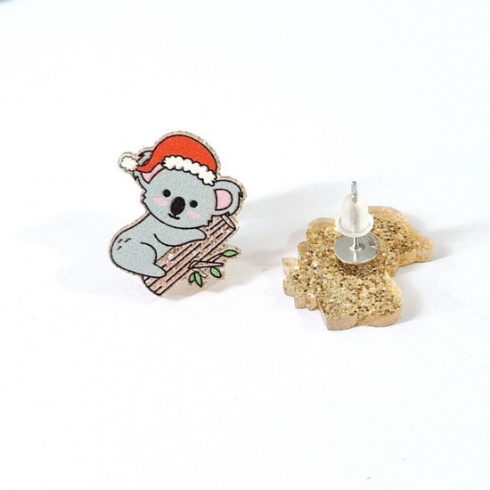 Picture of Acrylic Christmas Ear Post Stud Earrings Silver Tone Multicolor Sloths Animal 2.1cm x 2cm, 1 Pair