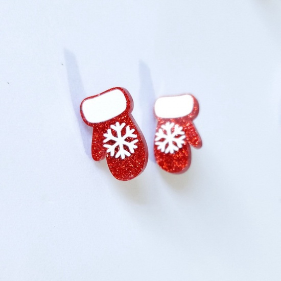 Bild von Acryl Weihnachten Ohrring Ohrstecker Silberfarbe Weiß & Rot Weihnachten Handschuhe Schneeflocke 2cm x 1.3cm, 1 Paar
