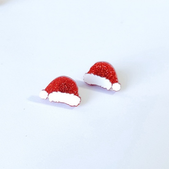 Picture of Acrylic Christmas Ear Post Stud Earrings Silver Tone White & Red Christmas Hats 2cm x 1.3cm, 1 Pair
