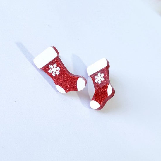 Picture of Acrylic Christmas Ear Post Stud Earrings Silver Tone White & Red Christmas Stocking Snowflake 2.5cm x 1.5cm, 1 Pair