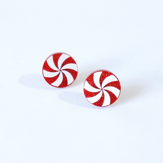 Picture of Acrylic Christmas Ear Post Stud Earrings Silver Tone White & Red Round Spiral 16mm x 16mm, 1 Pair