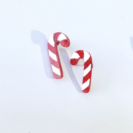 Picture of Acrylic Christmas Ear Post Stud Earrings Silver Tone White & Red Christmas Candy Cane 2.6cm x 1.3cm, 1 Pair
