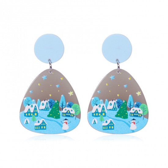 Picture of Acrylic Christmas Ear Post Stud Earrings Blue & Gray Drop Christmas Snowflake 5.4cm x 3.2cm, 1 Pair