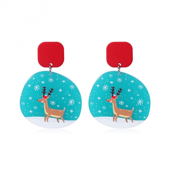 Picture of Acrylic Christmas Ear Post Stud Earrings Blue & Brown Irregular Pere David's Deer 6cm x 4cm, 1 Pair