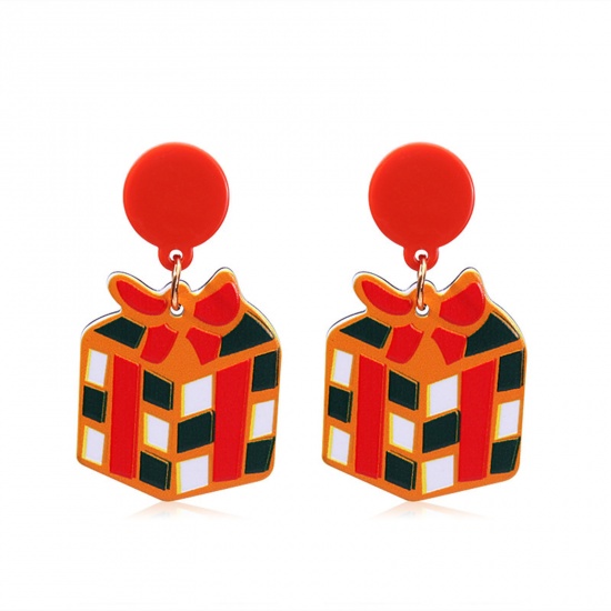Picture of Acrylic Christmas Ear Post Stud Earrings Black & Red Christmas Gift Box 5cm x 3cm, 1 Pair