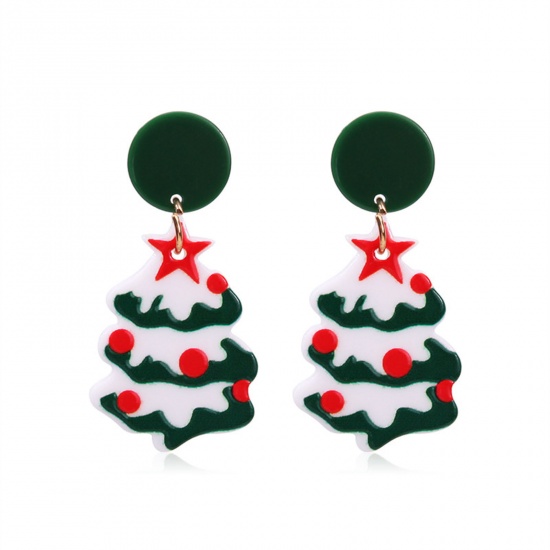 Picture of Acrylic Christmas Ear Post Stud Earrings Multicolor Christmas Tree Pentagram Star 4.9cm x 2.5cm, 1 Pair