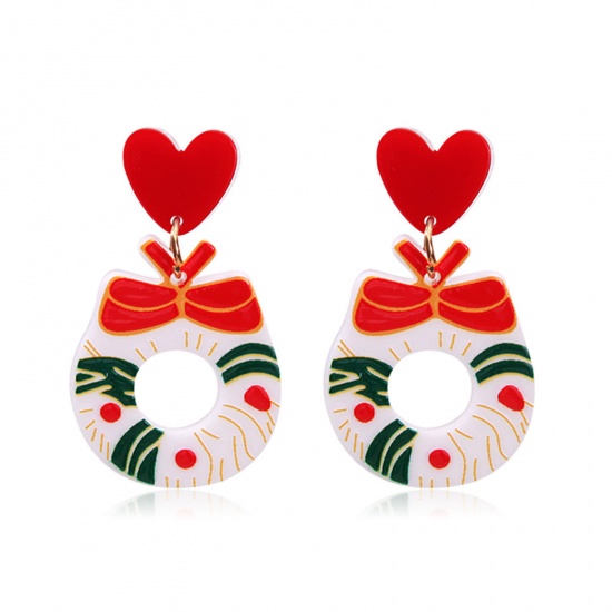 Picture of Acrylic Christmas Ear Post Stud Earrings Multicolor Christmas Wreath Bowknot 4.7cm x 2.7cm, 1 Pair