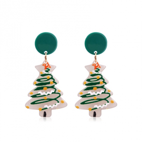 Picture of Acrylic Christmas Ear Post Stud Earrings Multicolor Christmas Tree Wave 5.6cm x 2.8cm, 1 Pair