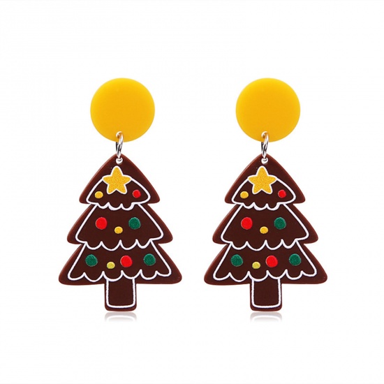 Picture of Acrylic Christmas Ear Post Stud Earrings Multicolor Christmas Tree Pentagram Star 5.8cm x 3cm, 1 Pair