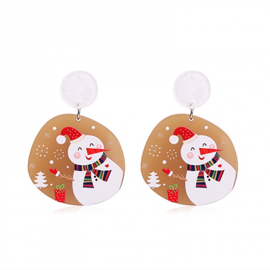 Picture of Acrylic Christmas Ear Post Stud Earrings Multicolor Irregular Christmas Snowman 5.6cm x 4cm, 1 Pair