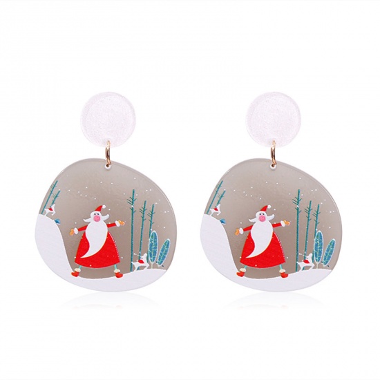 Picture of Acrylic Christmas Ear Post Stud Earrings Multicolor Irregular Christmas Santa Claus 5.6cm x 4cm, 1 Pair