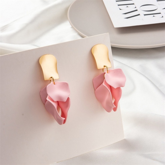 Picture of Stylish Ear Post Stud Earrings Gold Plated Pink Petaline 7.5cm x 4cm, 1 Pair