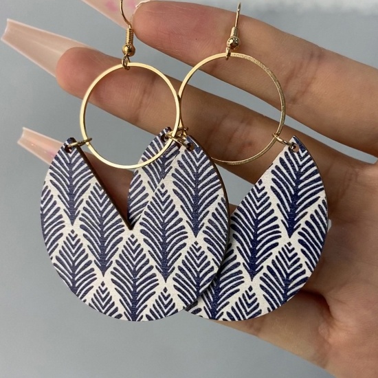 Picture of Wood & Copper Boho Chic Bohemia Earrings Gold Plated White & Blue Round Leaf 7.9cm x 4.7cm, 1 Pair
