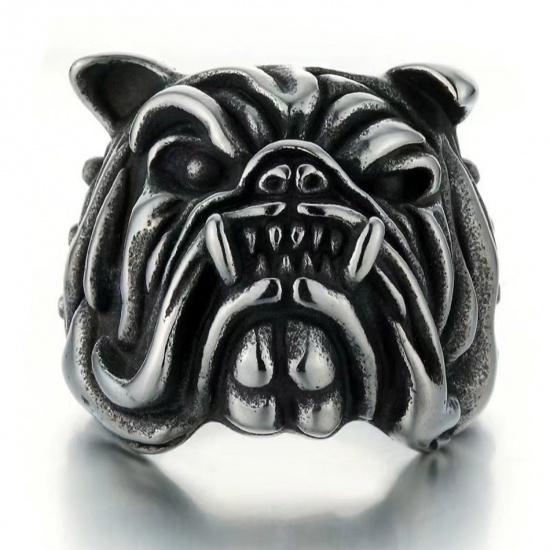 Picture of Punk Open Adjustable Wrap Rings Antique Silver Color 3D Bulldog Animal 18mm(US Size 7.75), 1 Piece