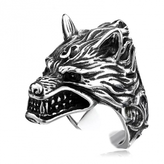 Picture of Punk Open Adjustable Wrap Rings Antique Silver Color 3D Wolf 18mm(US Size 7.75), 1 Piece